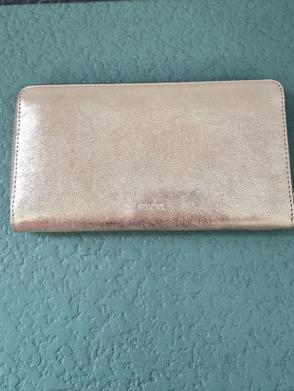 Fossil Caroline Metallic Rose Gold Zip Around Wallet Glam Minimalist Modern